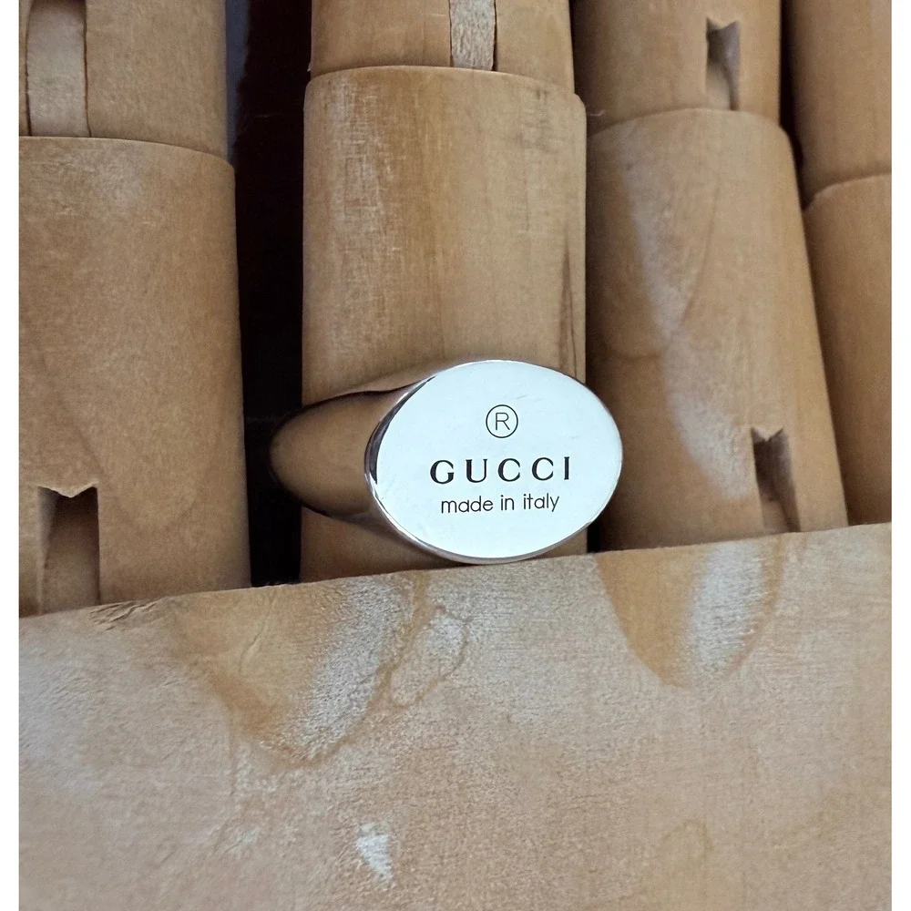 Gucci Sterling Silver Trademark Oval Plate Band Ring 797033, Sz 19 (US 9)